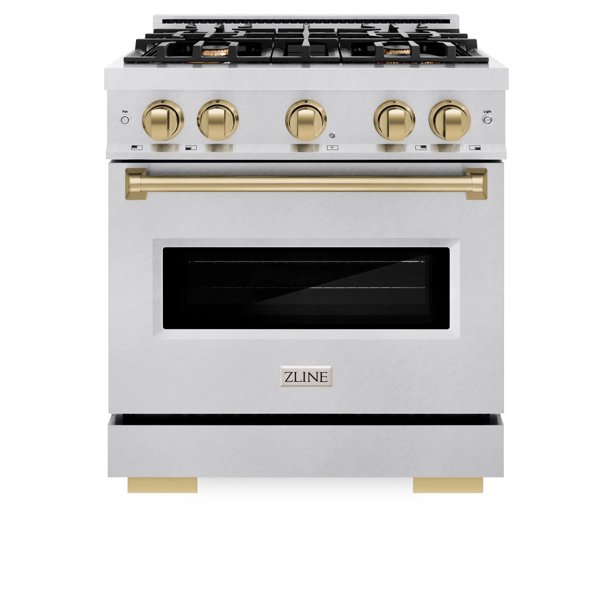 ZLINE - Autograph Edition 30 in. 4.2 cu. ft. Classic Gas Range with 4 Burner Cooktop and Convection Gas Oven in Satin Stainless Steel and Champagne Bronze Accents