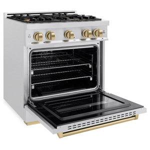 ZLINE - Autograph Edition 30 in. 4.2 cu. ft. Classic Gas Range with 4 Burner Cooktop and Convection Gas Oven in Satin Stainless Steel and Champagne Bronze Accents