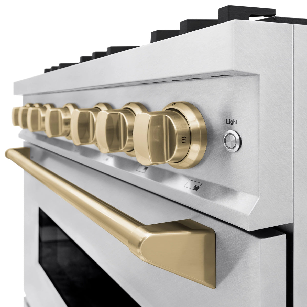 ZLINE - Autograph Edition 36 in. 5.2 cu. ft. Classic Gas Range with 6 Burner Cooktop and Convection Gas Oven in Satin Stainless Steel and Champagne Bronze Accents
