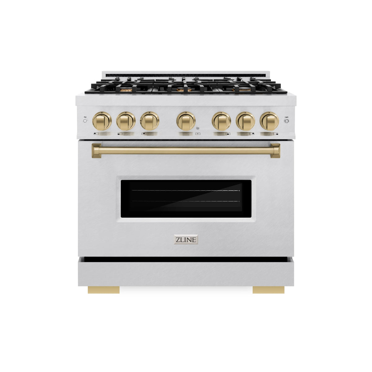 ZLINE - Autograph Edition 36 in. 5.2 cu. ft. Classic Gas Range with 6 Burner Cooktop and Convection Gas Oven in Satin Stainless Steel and Champagne Bronze Accents