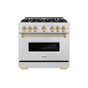 ZLINE - Autograph Edition 36 in. 5.2 cu. ft. Classic Gas Range with 6 Burner Cooktop and Convection Gas Oven in Satin Stainless Steel and Champagne Bronze Accents