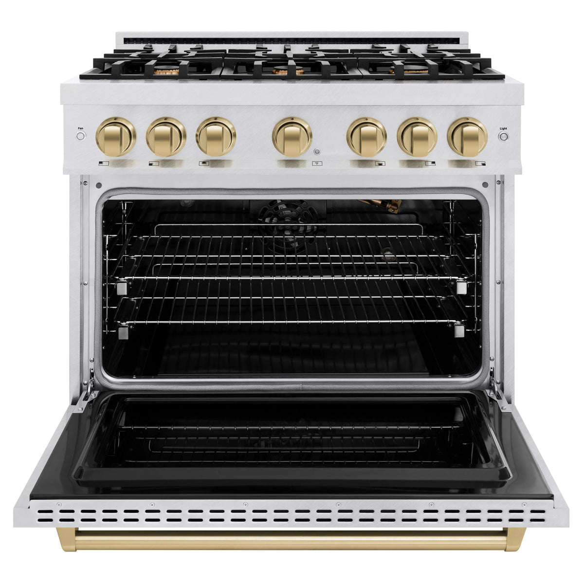 ZLINE - Autograph Edition 36 in. 5.2 cu. ft. Classic Gas Range with 6 Burner Cooktop and Convection Gas Oven in Satin Stainless Steel and Champagne Bronze Accents