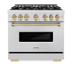 ZLINE - Autograph Edition 36 in. 5.2 cu. ft. Classic Gas Range with 6 Burner Cooktop and Convection Gas Oven in Satin Stainless Steel and Champagne Bronze Accents