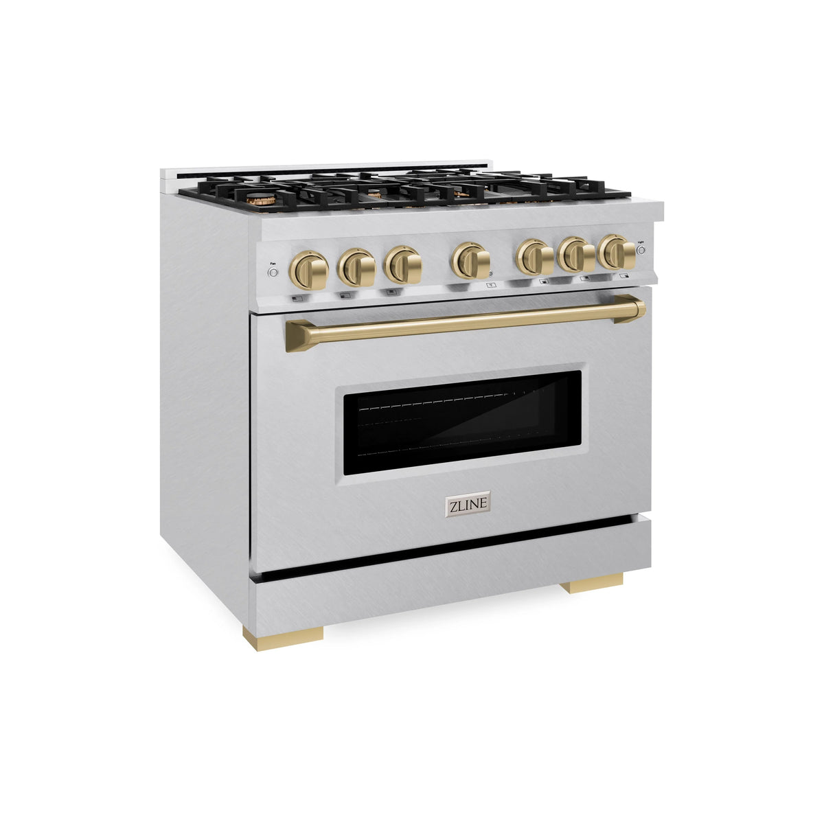 ZLINE - Autograph Edition 36 in. 5.2 cu. ft. Classic Gas Range with 6 Burner Cooktop and Convection Gas Oven in Satin Stainless Steel and Champagne Bronze Accents