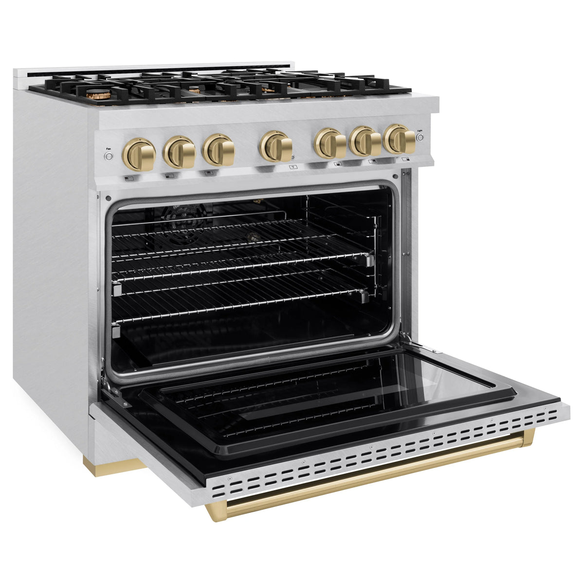 ZLINE - Autograph Edition 36 in. 5.2 cu. ft. Classic Gas Range with 6 Burner Cooktop and Convection Gas Oven in Satin Stainless Steel and Champagne Bronze Accents