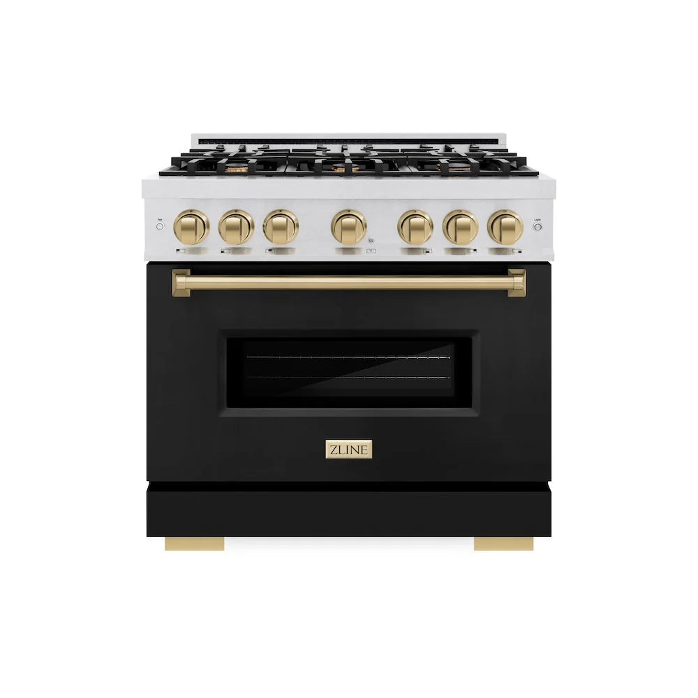 ZLINE - Autograph Edition 36 in. 5.2 cu. ft. Classic Gas Range with 6 Burner Cooktop and Convection Gas Oven in Satin Stainless Steel with Black Matte Door and Champagne Bronze Accents