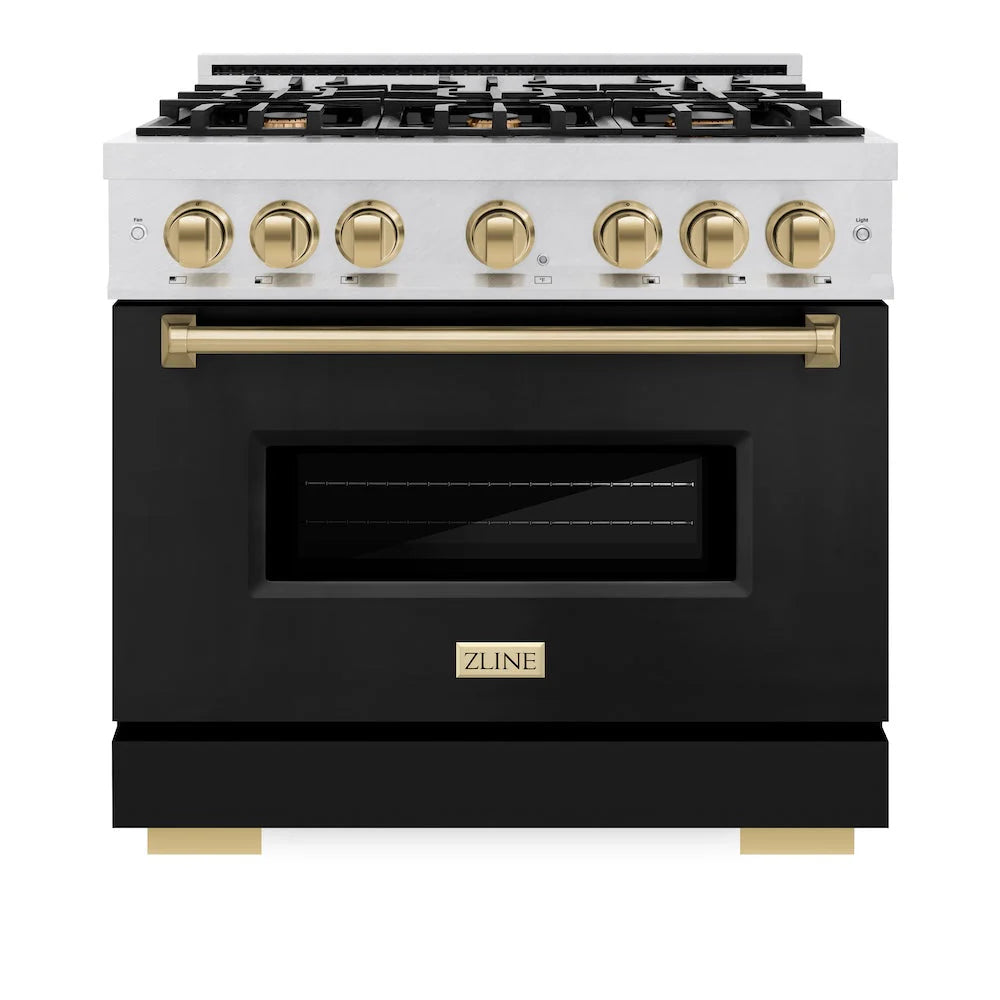 ZLINE - Autograph Edition 36 in. 5.2 cu. ft. Classic Gas Range with 6 Burner Cooktop and Convection Gas Oven in Satin Stainless Steel with Black Matte Door and Champagne Bronze Accents