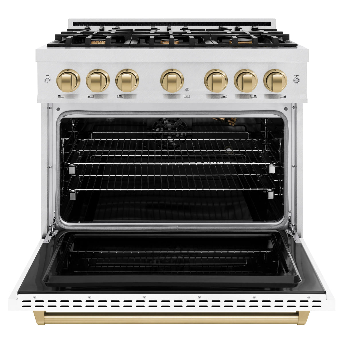 ZLINE - Autograph Edition 36 in. 5.2 cu. ft. Classic Gas Range with 6 Burner Cooktop and Convection Gas Oven in Satin Stainless Steel with White Matte Door and Champagne Bronze Accents