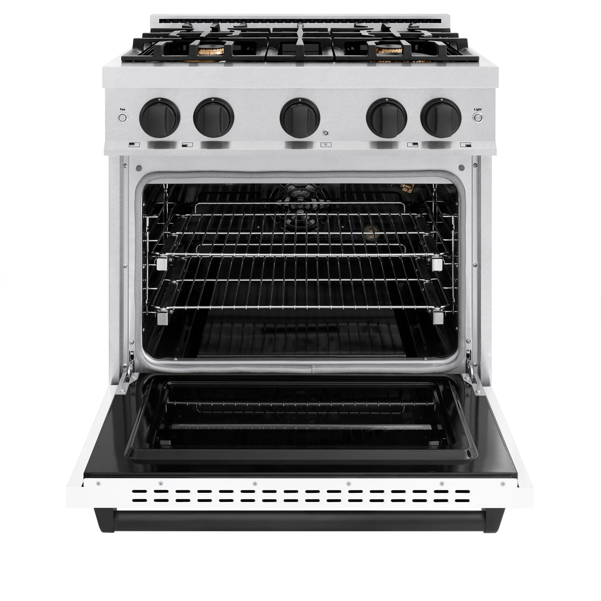 ZLINE - Autograph Edition 30 in. 4.2 cu. ft. Classic Gas Range with 4 Burner Cooktop and Convection Gas Oven in Satin Stainless Steel with White Matte Door and Matte Black Accents