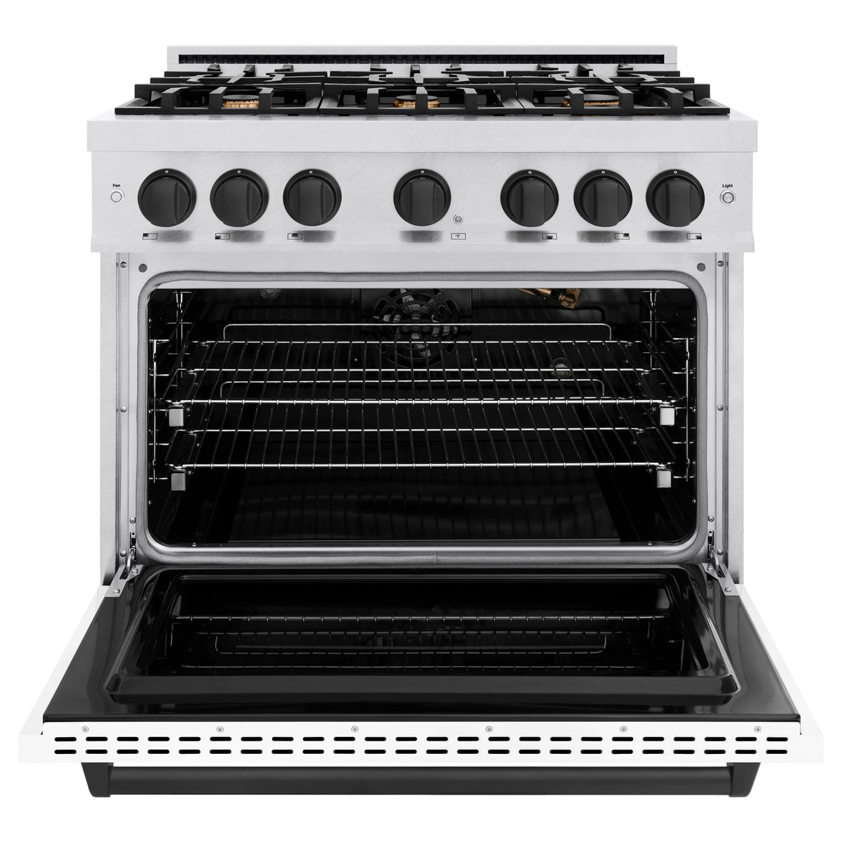 ZLINE - Autograph Edition 36 in. 5.2 cu. ft. Classic Gas Range with 6 Burner Cooktop and Convection Gas Oven in Satin Stainless Steel with White Matte Door and Matte Black Accents