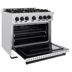 ZLINE - Autograph Edition 36 in. 5.2 cu. ft. Classic Gas Range with 6 Burner Cooktop and Convection Gas Oven in Satin Stainless Steel with White Matte Door and Matte Black Accents