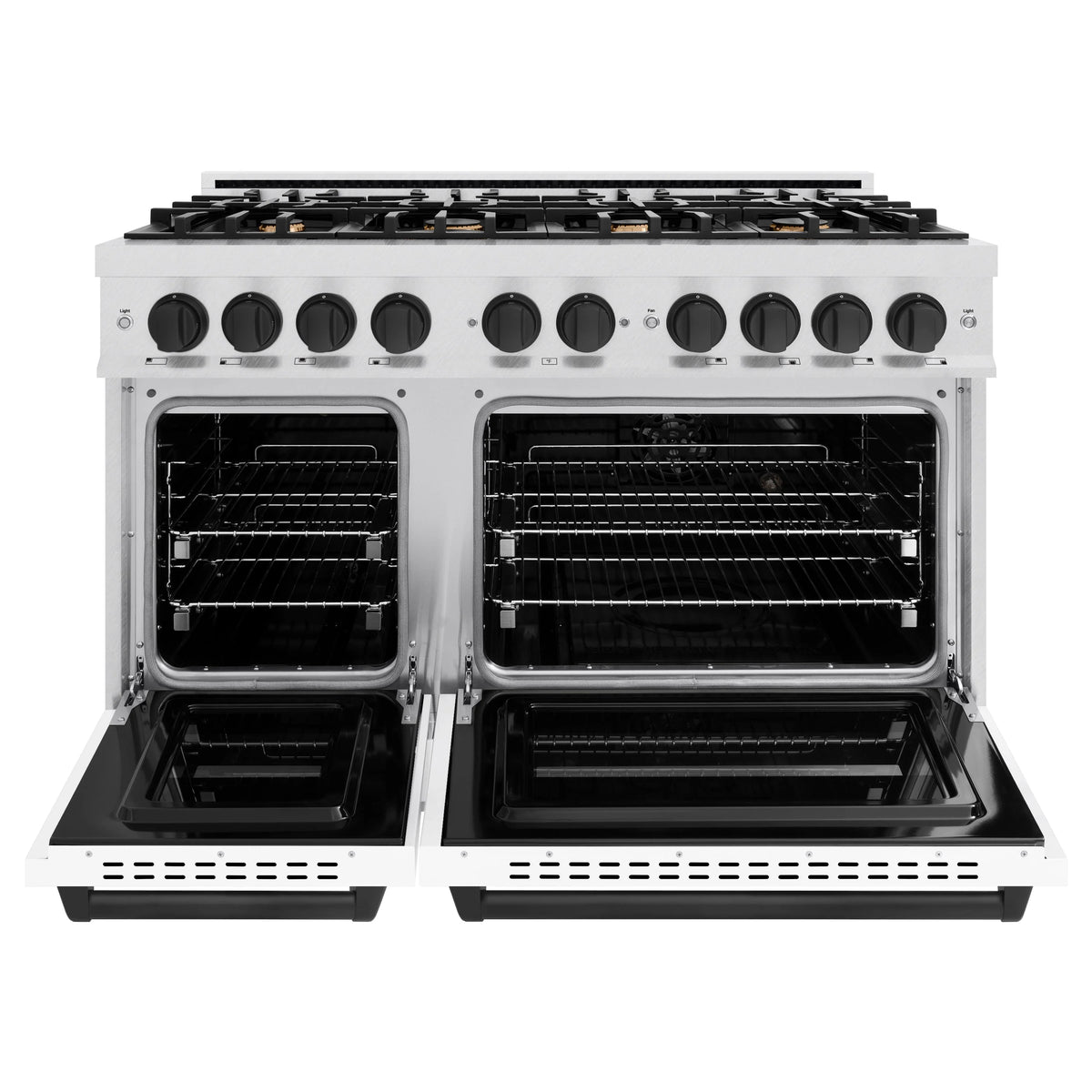 ZLINE - Autograph Edition 48 in. 6.7 cu. ft. Classic Double Oven Gas Range with 8 Burner Cooktop in Satin Stainless Steel with White Matte Doors and Matte Black Accents
