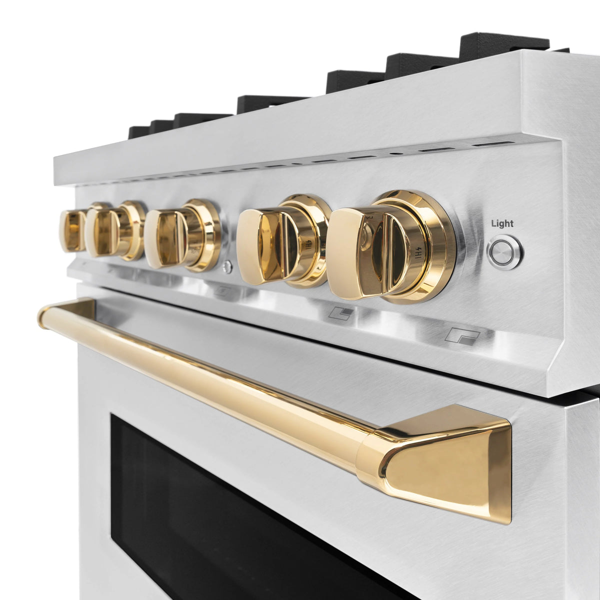 ZLINE - Autograph Edition 30 in. 4.2 cu. ft. Classic Gas Range with 4 Burner Cooktop and Convection Gas Oven in Satin Stainless Steel and Polished Gold Accents