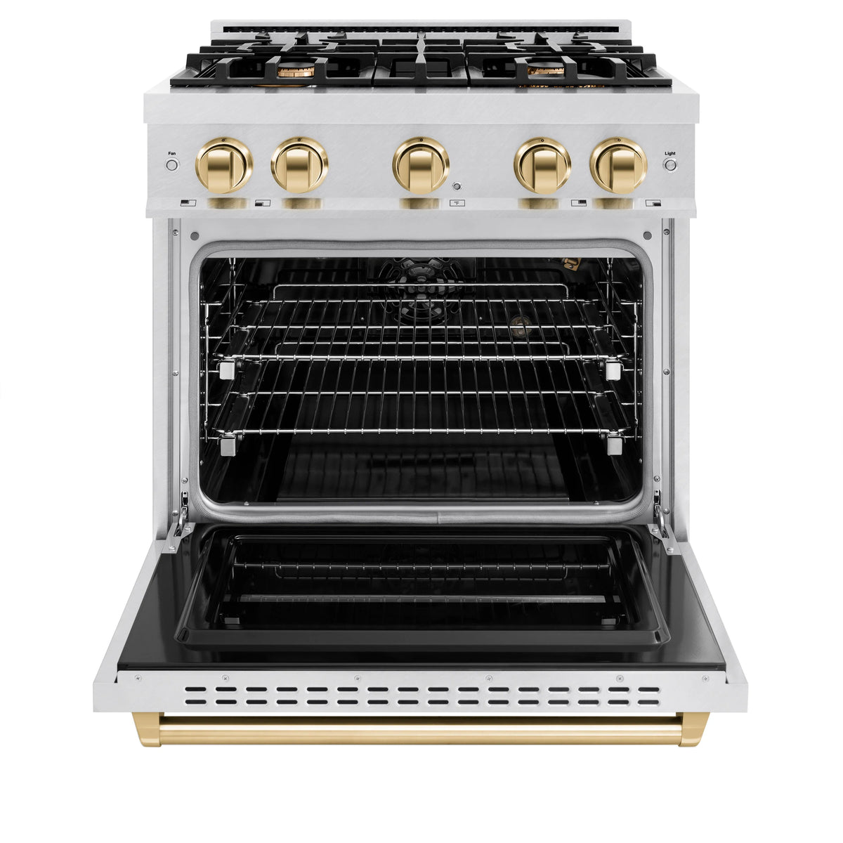 ZLINE - Autograph Edition 30 in. 4.2 cu. ft. Classic Gas Range with 4 Burner Cooktop and Convection Gas Oven in Satin Stainless Steel and Polished Gold Accents