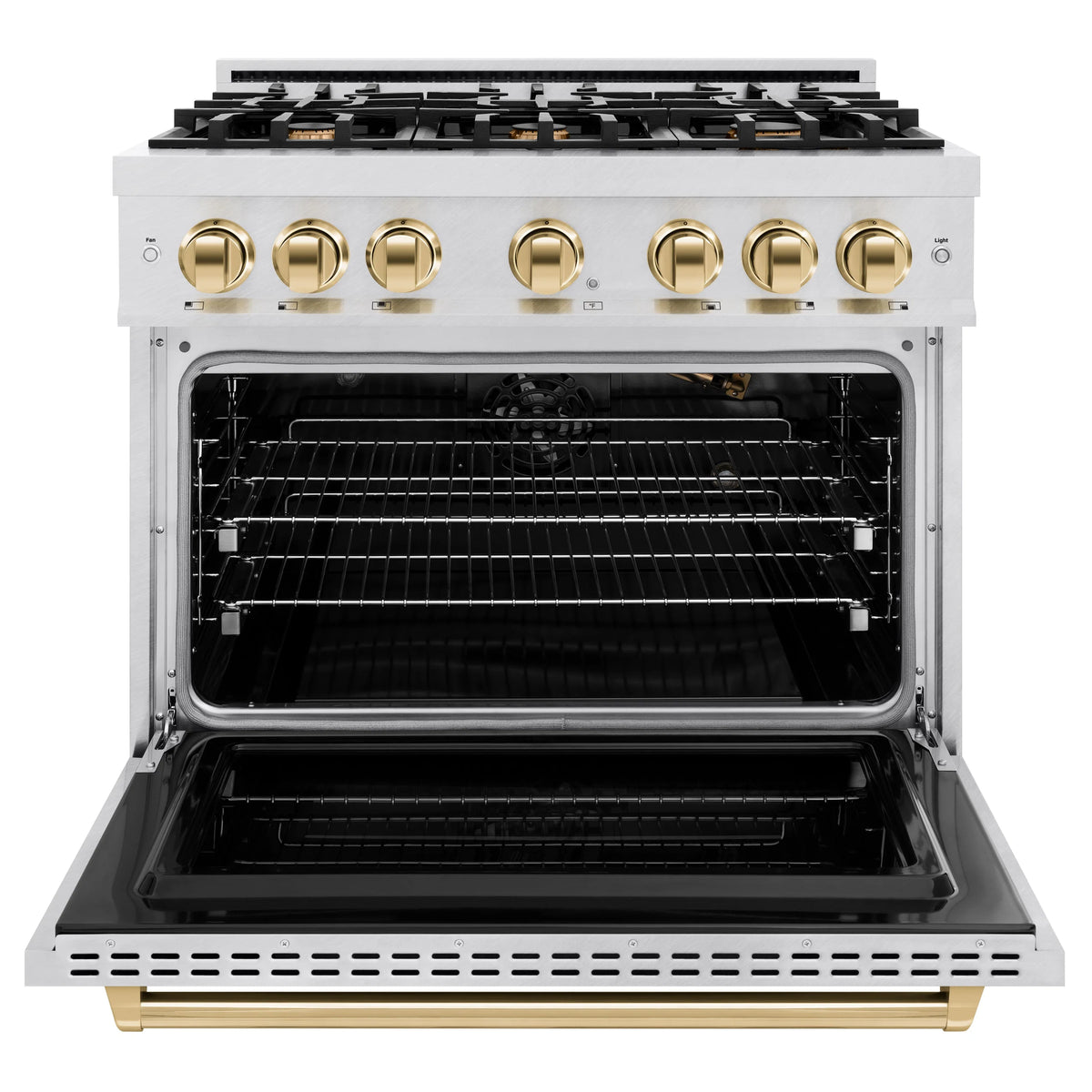 ZLINE - Autograph Edition 36 in. 5.2 cu. ft. Classic Gas Range with 6 Burner Cooktop and Convection Gas Oven in Satin Stainless Steel and Polished Gold Accents