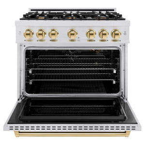 ZLINE - Autograph Edition 36 in. 5.2 cu. ft. Classic Gas Range with 6 Burner Cooktop and Convection Gas Oven in Satin Stainless Steel and Polished Gold Accents