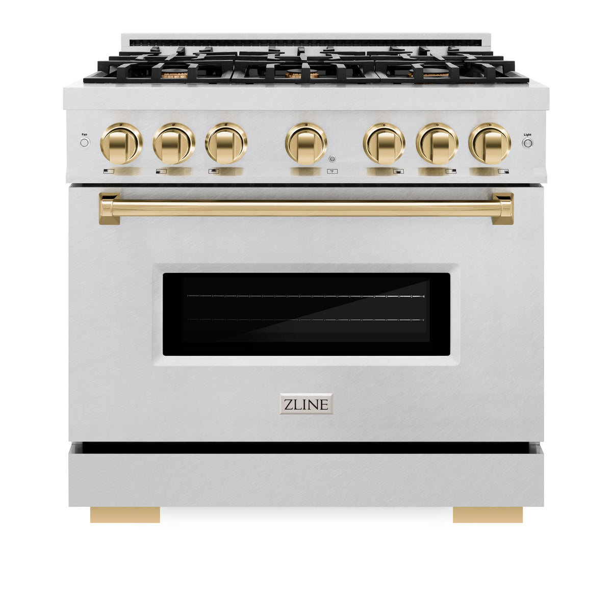 ZLINE - Autograph Edition 36 in. 5.2 cu. ft. Classic Gas Range with 6 Burner Cooktop and Convection Gas Oven in Satin Stainless Steel and Polished Gold Accents
