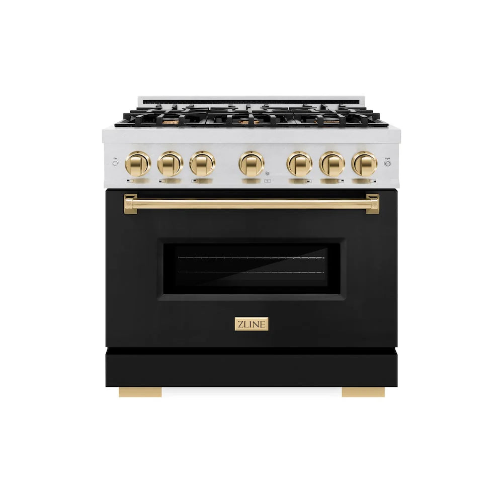 ZLINE - Autograph Edition 36 in. 5.2 cu. ft. Classic Gas Range with 6 Burner Cooktop and Convection Gas Oven in Satin Stainless Steel with Black Matte Door and Polished Gold Accents