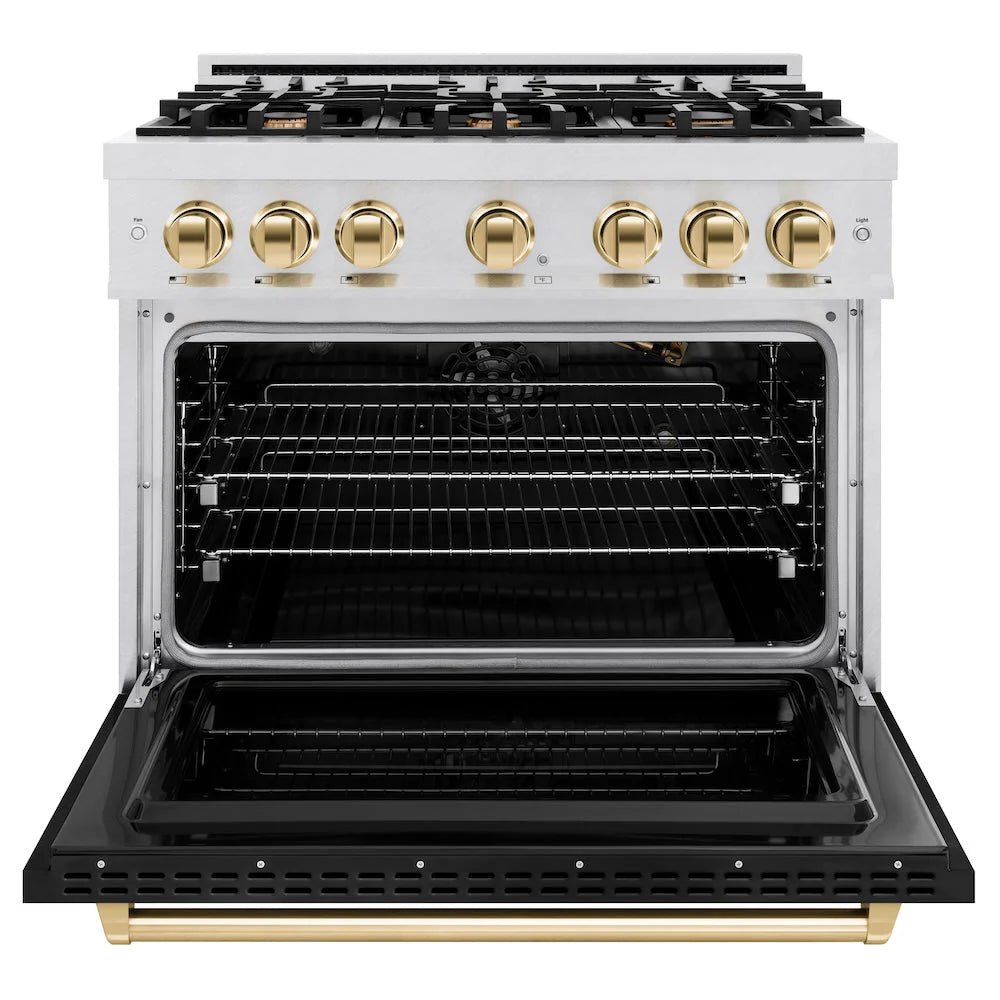 ZLINE - Autograph Edition 36 in. 5.2 cu. ft. Classic Gas Range with 6 Burner Cooktop and Convection Gas Oven in Satin Stainless Steel with Black Matte Door and Polished Gold Accents