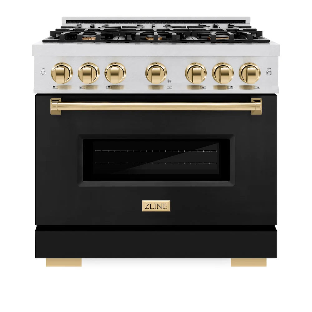 ZLINE - Autograph Edition 36 in. 5.2 cu. ft. Classic Gas Range with 6 Burner Cooktop and Convection Gas Oven in Satin Stainless Steel with Black Matte Door and Polished Gold Accents