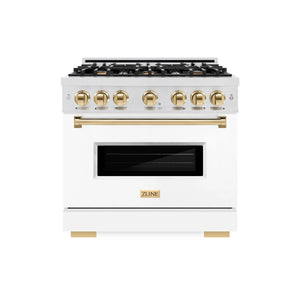 ZLINE - Autograph Edition 36 in. 5.2 cu. ft. Classic Gas Range with 6 Burner Cooktop and Convection Gas Oven in Satin Stainless Steel with White Matte Door and Polished Gold Accents