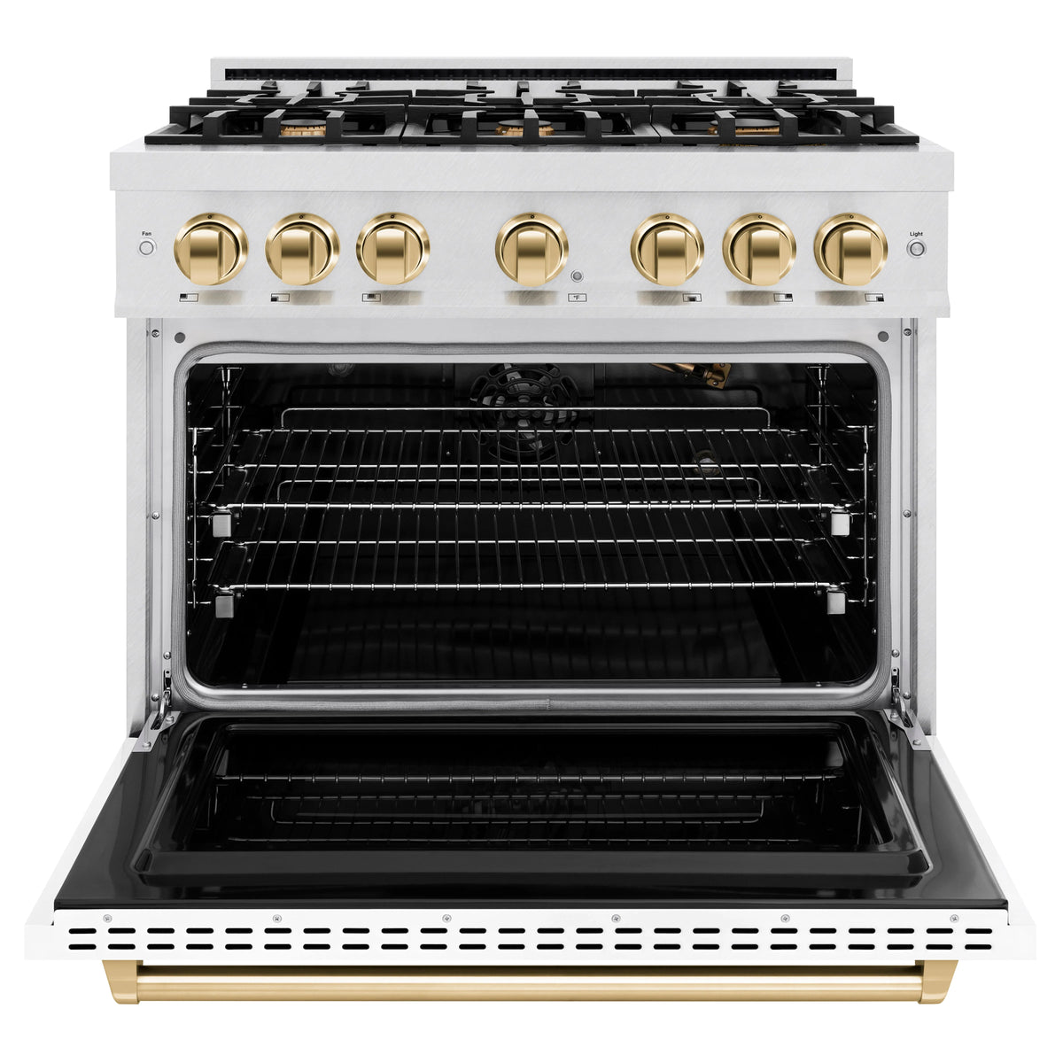 ZLINE - Autograph Edition 36 in. 5.2 cu. ft. Classic Gas Range with 6 Burner Cooktop and Convection Gas Oven in Satin Stainless Steel with White Matte Door and Polished Gold Accents