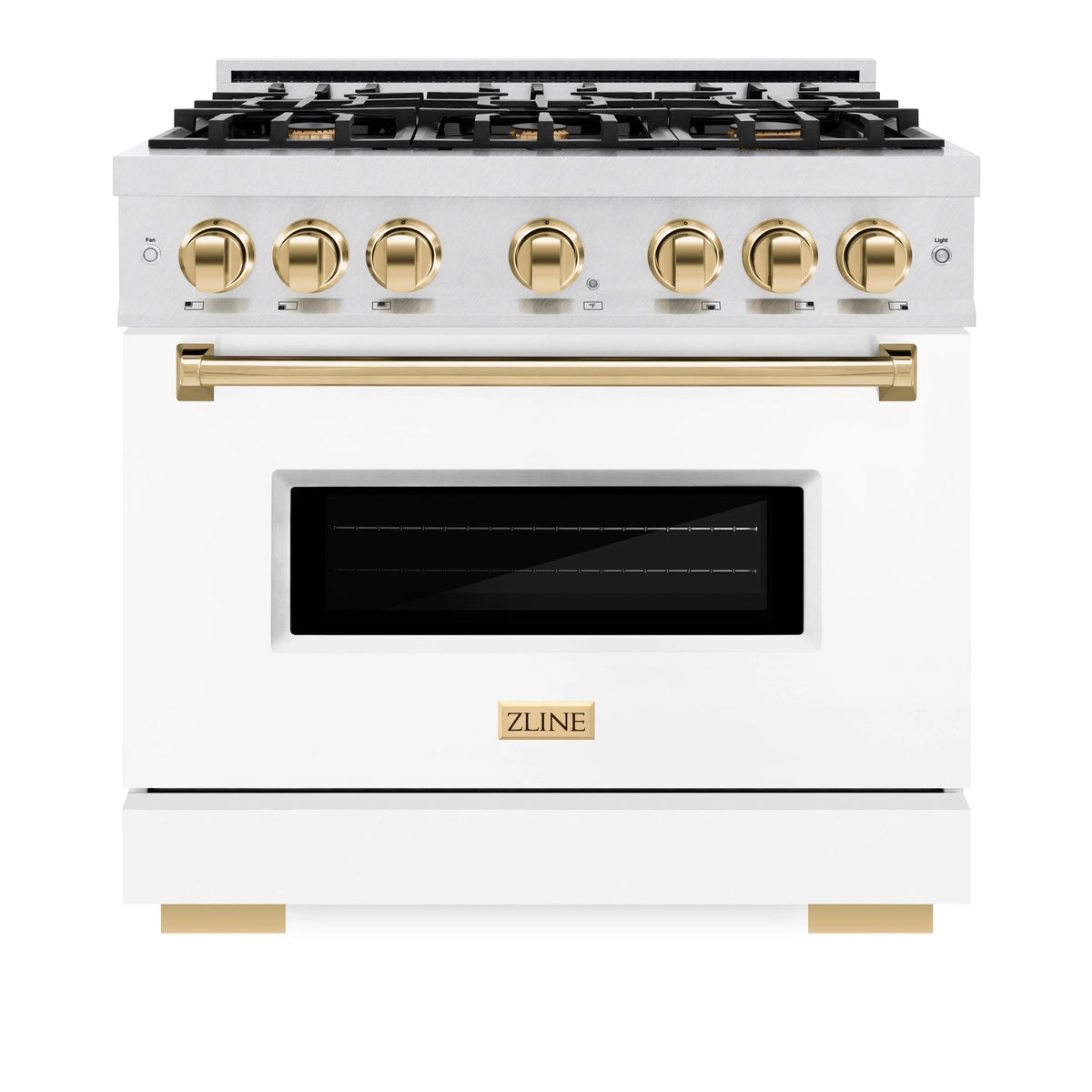 ZLINE - Autograph Edition 36 in. 5.2 cu. ft. Classic Gas Range with 6 Burner Cooktop and Convection Gas Oven in Satin Stainless Steel with White Matte Door and Polished Gold Accents