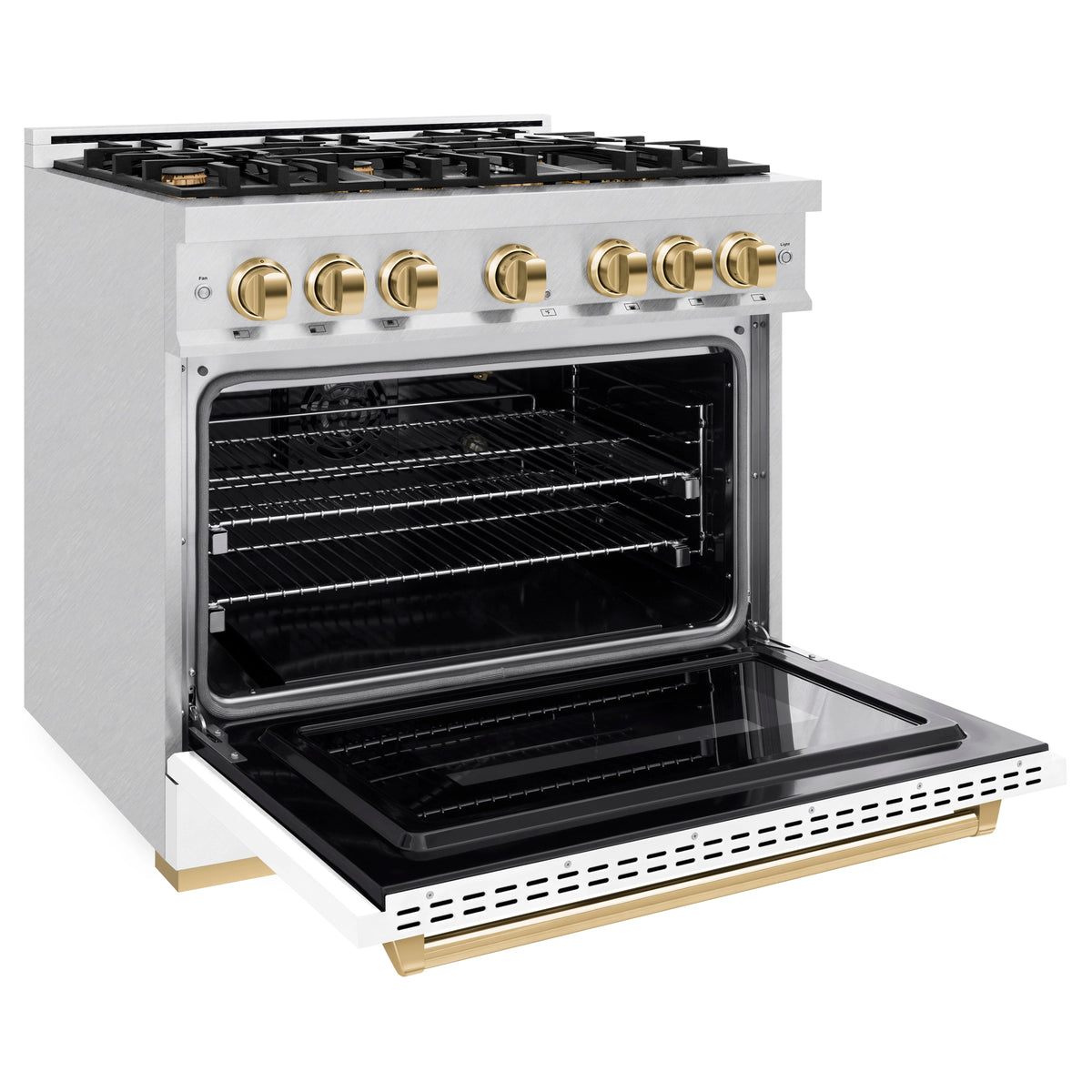 ZLINE - Autograph Edition 36 in. 5.2 cu. ft. Classic Gas Range with 6 Burner Cooktop and Convection Gas Oven in Satin Stainless Steel with White Matte Door and Polished Gold Accents