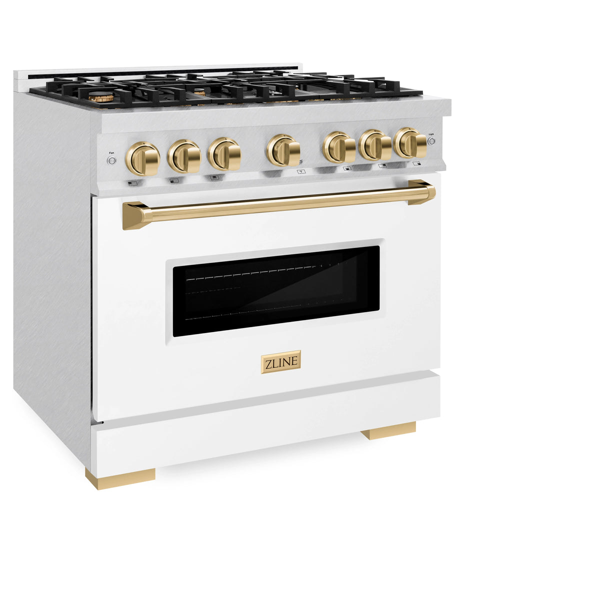 ZLINE - Autograph Edition 36 in. 5.2 cu. ft. Classic Gas Range with 6 Burner Cooktop and Convection Gas Oven in Satin Stainless Steel with White Matte Door and Polished Gold Accents