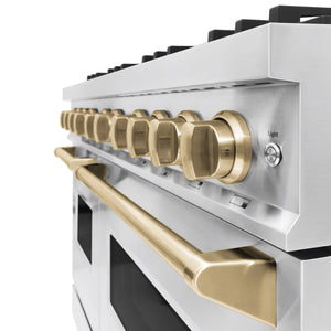 ZLINE - Autograph Edition 48 in. 6.7 cu. ft. Classic Double Oven Dual Fuel Range with 8 Burner Gas Cooktop in Stainless Steel and Champagne Bronze Accents