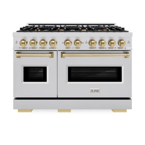 ZLINE - Autograph Edition 48 in. 6.7 cu. ft. Classic Double Oven Dual Fuel Range with 8 Burner Gas Cooktop in Stainless Steel and Champagne Bronze Accents