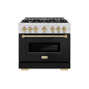 ZLINE - Autograph Edition 36 in. 5.2 cu. ft. Classic Dual Fuel Range with 6 Burner Gas Cooktop and Electric Convection Oven in Stainless Steel with Black Matte Door and Champagne Bronze Accents