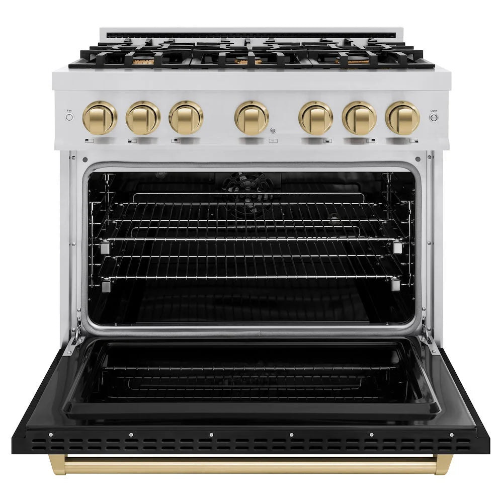 ZLINE - Autograph Edition 36 in. 5.2 cu. ft. Classic Dual Fuel Range with 6 Burner Gas Cooktop and Electric Convection Oven in Stainless Steel with Black Matte Door and Champagne Bronze Accents