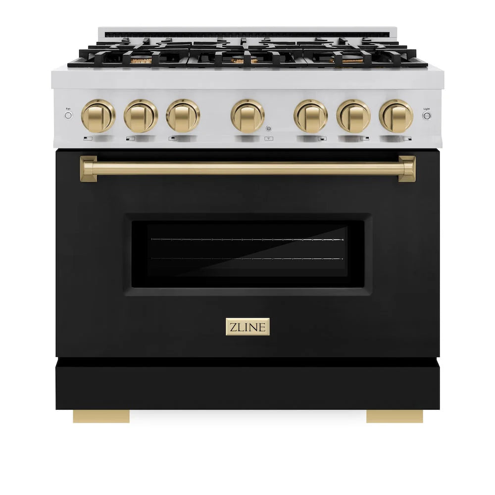 ZLINE - Autograph Edition 36 in. 5.2 cu. ft. Classic Dual Fuel Range with 6 Burner Gas Cooktop and Electric Convection Oven in Stainless Steel with Black Matte Door and Champagne Bronze Accents