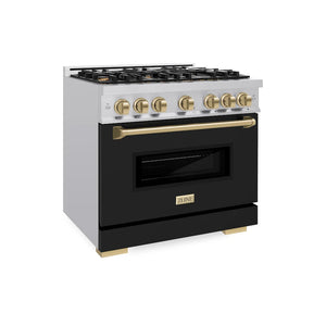 ZLINE - Autograph Edition 36 in. 5.2 cu. ft. Classic Dual Fuel Range with 6 Burner Gas Cooktop and Electric Convection Oven in Stainless Steel with Black Matte Door and Champagne Bronze Accents