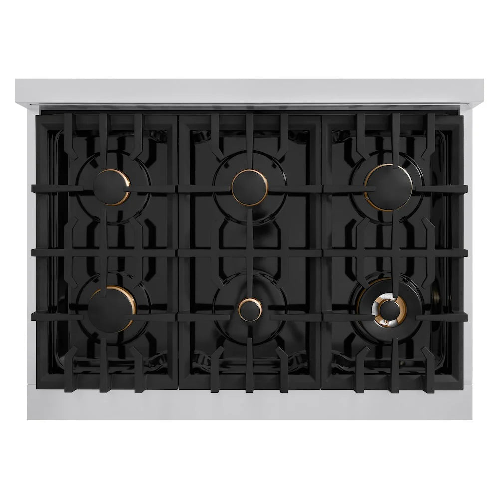 ZLINE - Autograph Edition 36 in. 5.2 cu. ft. Classic Dual Fuel Range with 6 Burner Gas Cooktop and Electric Convection Oven in Stainless Steel with Black Matte Door and Champagne Bronze Accents