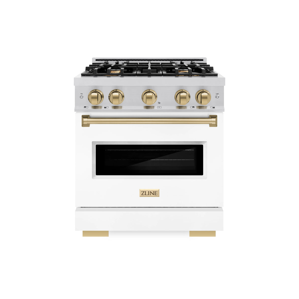 ZLINE - Autograph Edition 30 in. 4.2 cu. ft. Classic Dual Fuel Range with 4 Burner Gas Cooktop and Electric Convection Oven in Stainless Steel with White Matte Door and Champagne Bronze Accents