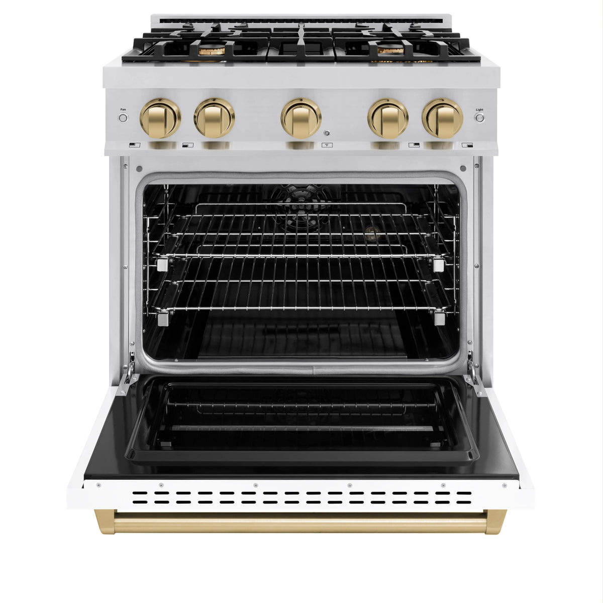 ZLINE - Autograph Edition 30 in. 4.2 cu. ft. Classic Dual Fuel Range with 4 Burner Gas Cooktop and Electric Convection Oven in Stainless Steel with White Matte Door and Champagne Bronze Accents