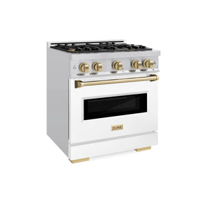 ZLINE - Autograph Edition 30 in. 4.2 cu. ft. Classic Dual Fuel Range with 4 Burner Gas Cooktop and Electric Convection Oven in Stainless Steel with White Matte Door and Champagne Bronze Accents