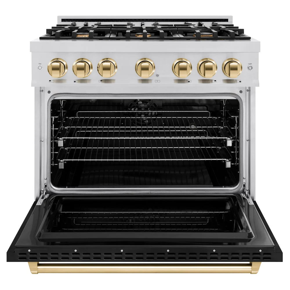 ZLINE - Autograph Edition 36 in. 5.2 cu. ft. Classic Dual Fuel Range with 6 Burner Gas Cooktop and Electric Convection Oven in Stainless Steel with Black Matte Door and Polished Gold Accents