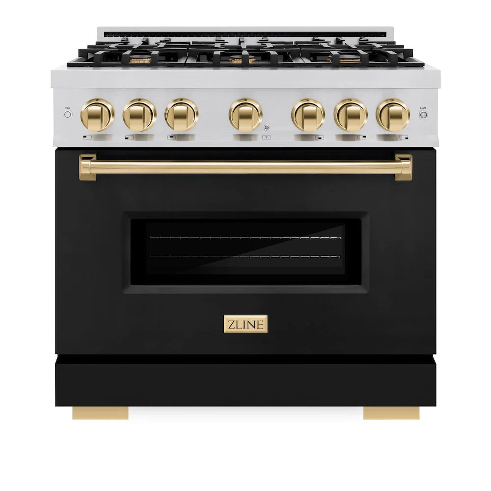 ZLINE - Autograph Edition 36 in. 5.2 cu. ft. Classic Dual Fuel Range with 6 Burner Gas Cooktop and Electric Convection Oven in Stainless Steel with Black Matte Door and Polished Gold Accents