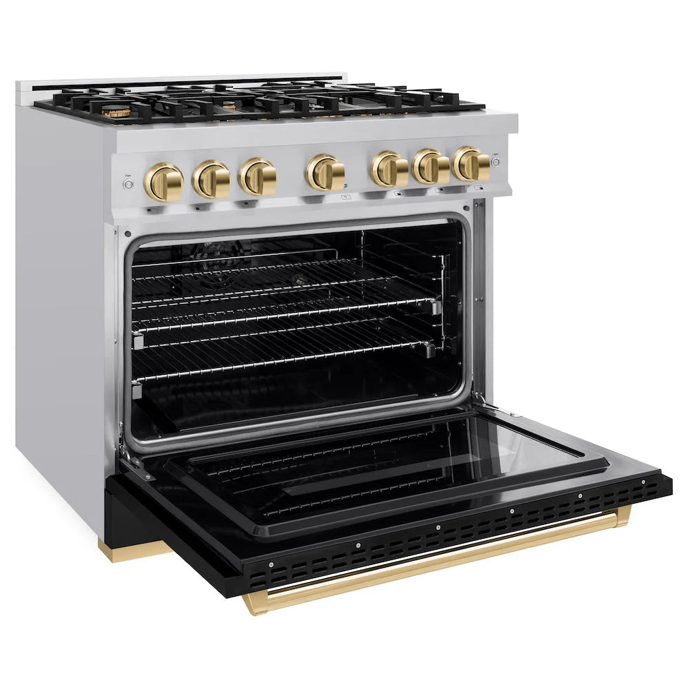 ZLINE - Autograph Edition 36 in. 5.2 cu. ft. Classic Dual Fuel Range with 6 Burner Gas Cooktop and Electric Convection Oven in Stainless Steel with Black Matte Door and Polished Gold Accents