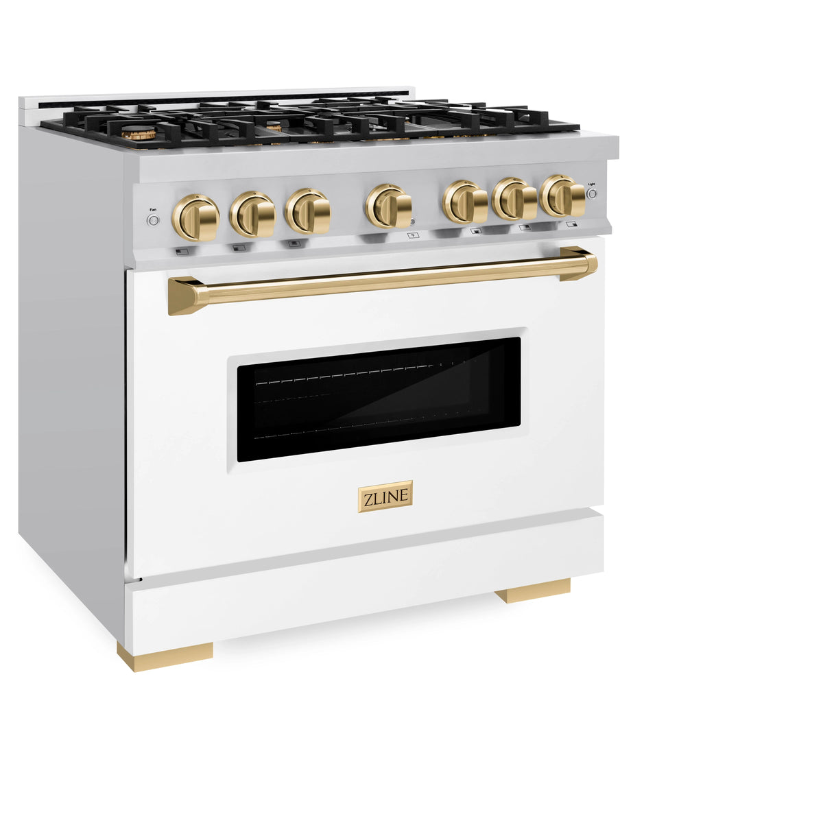 ZLINE - Autograph Edition 36 in. 5.2 cu. ft. Classic Gas Range with 6 Burner Cooktop and Convection Gas Oven in Stainless Steel with White Matte Door and Polished Gold Accents