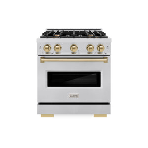ZLINE - Autograph Edition 30 in. 4.2 cu. ft. Classic Gas Range with 4 Burner Cooktop and Convection Gas Oven in Stainless Steel and Champagne Bronze Accents