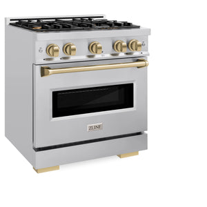 ZLINE - Autograph Edition 30 in. 4.2 cu. ft. Classic Gas Range with 4 Burner Cooktop and Convection Gas Oven in Stainless Steel and Champagne Bronze Accents