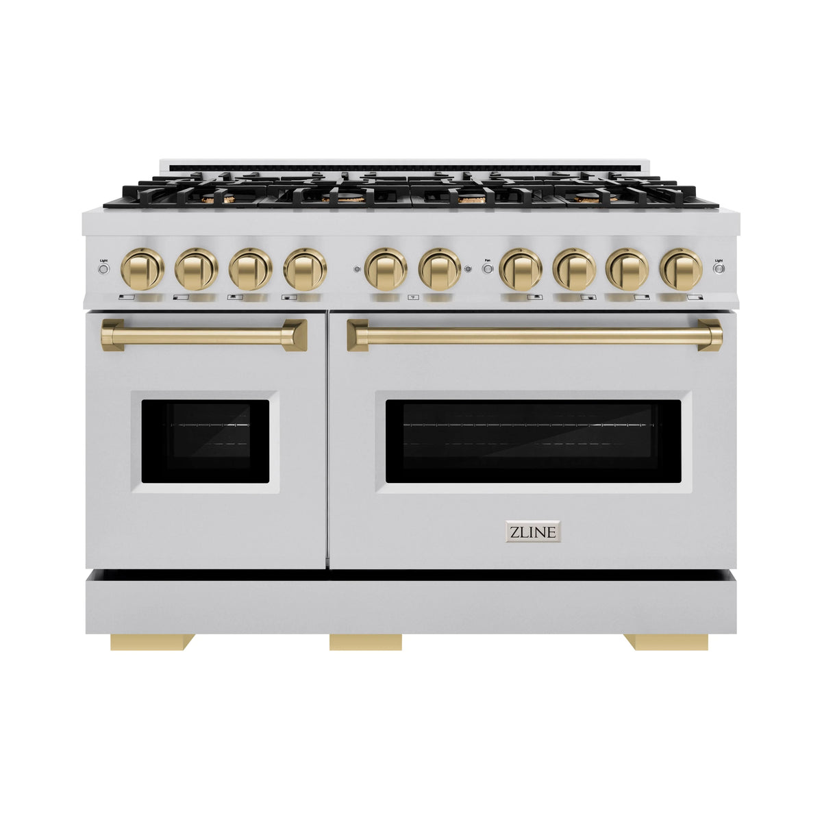 ZLINE - Autograph Edition 48 in. 6.7 cu. ft. Classic Double Oven Gas Range with 8 Burner Cooktop in Stainless Steel and Champagne Bronze Accents