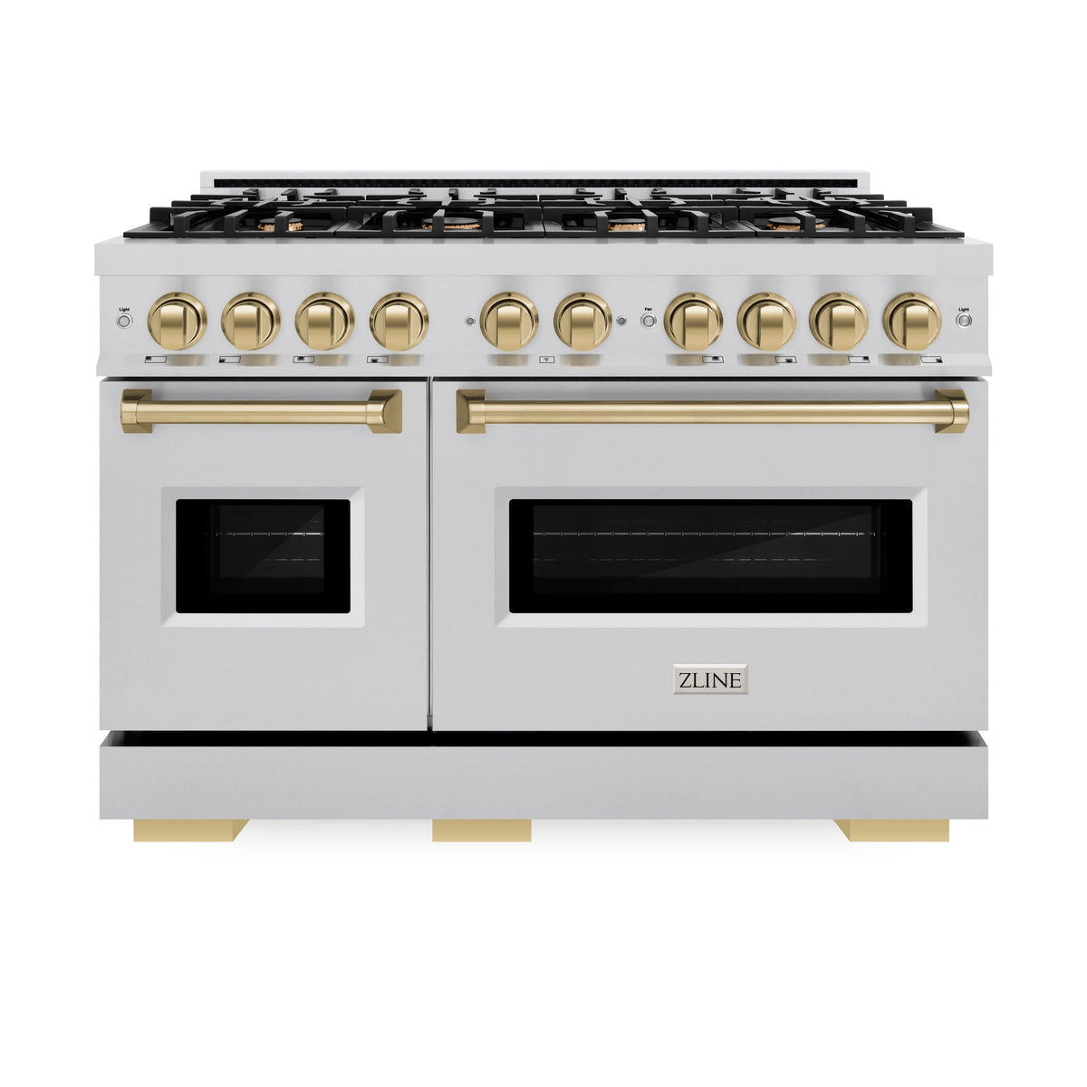 ZLINE - Autograph Edition 48 in. 6.7 cu. ft. Classic Double Oven Gas Range with 8 Burner Cooktop in Stainless Steel and Champagne Bronze Accents