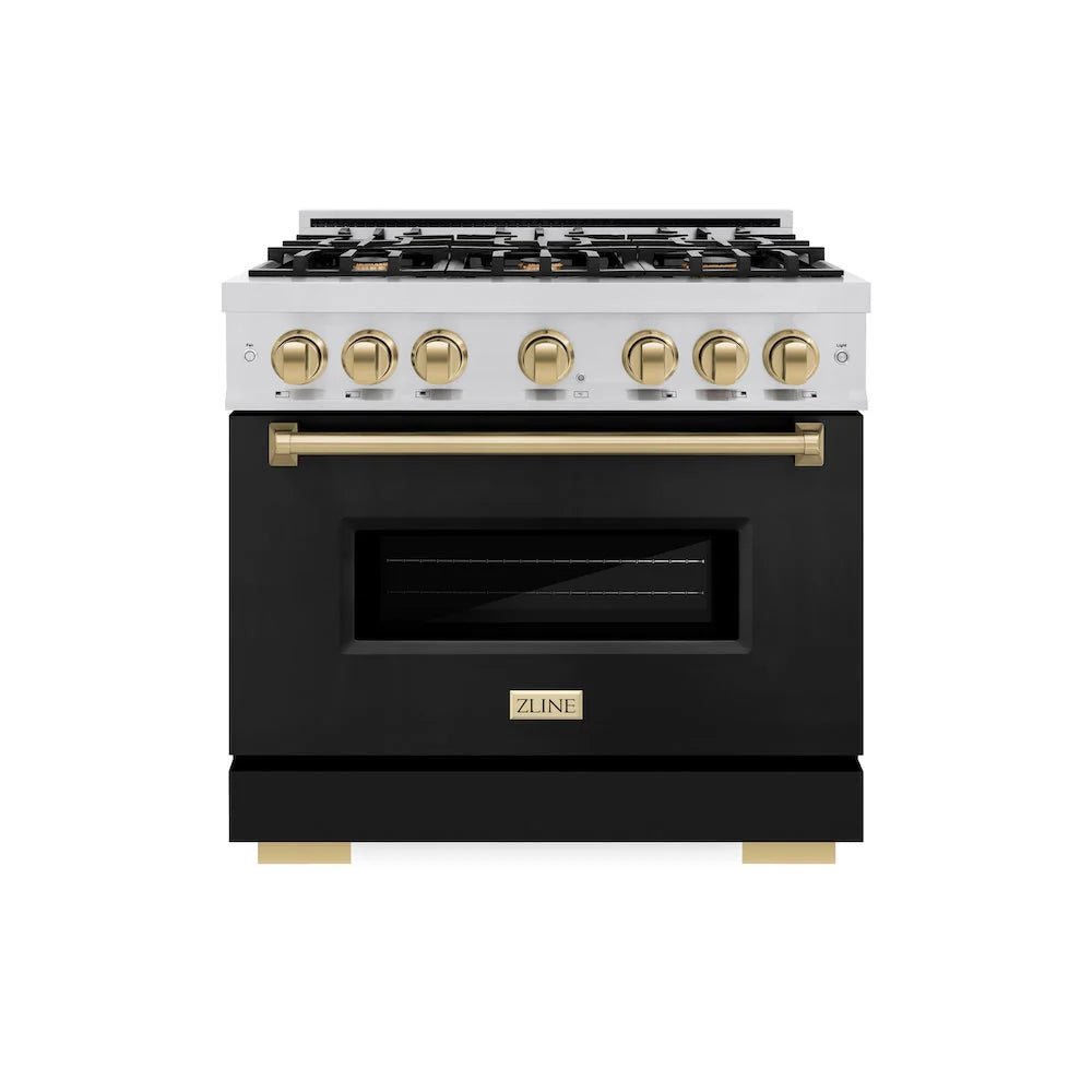 ZLINE - Autograph Edition 36 in. 5.2 cu. ft. Classic Gas Range with 6 Burner Cooktop and Convection Gas Oven in Stainless Steel with Black Matte Door and Champagne Bronze Accents