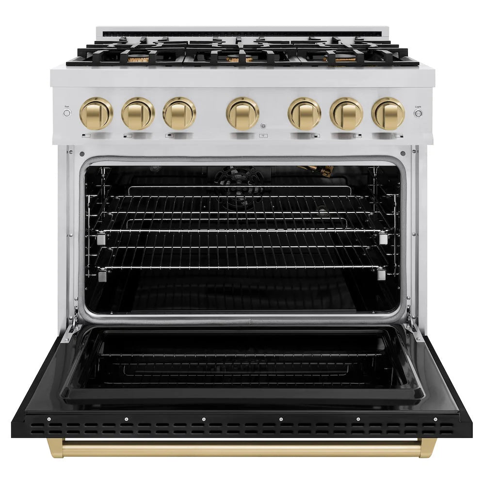 ZLINE - Autograph Edition 36 in. 5.2 cu. ft. Classic Gas Range with 6 Burner Cooktop and Convection Gas Oven in Stainless Steel with Black Matte Door and Champagne Bronze Accents