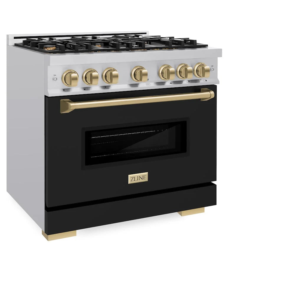 ZLINE - Autograph Edition 36 in. 5.2 cu. ft. Classic Gas Range with 6 Burner Cooktop and Convection Gas Oven in Stainless Steel with Black Matte Door and Champagne Bronze Accents